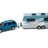 2005 Cadillac Escalade With Camper Trailer, Custom Metallic Turquoise Teal - Johnny Lightning JLSP201/24A - 1/64 Scale Diecast Model Toy Car